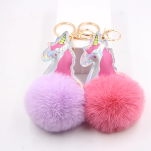 Holographic Unicorn Faux Fur Ball Keychain Alloy Charm Fluffy Pom Pom Bag Pendant For Women Girls Backpack Accessory Gift