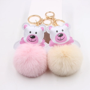 Cute Cartoon Bear Plush Fur Ball Keychain PU Leather Animal Keyring For Bag Charm Car Key Holder Women Girls Gift