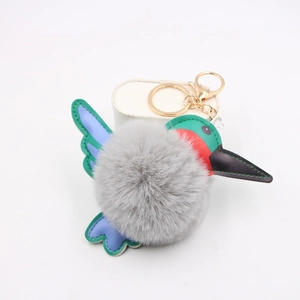 Hummingbird Plush Ball Keychain Artificial Fur PU Leather Bird Bag Charm Pendant For Women Alloy Key Ring Accessories