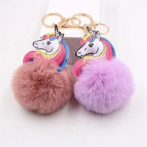 Colorful Unicorn Faux Fur Pom Pom Keychain For Women Girls Soft Plush Ball Backpack Bag Charm Gold Alloy Key Ring Accessory