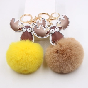Porte-clés Renne de Dessin Animé Mignon avec Pompon en Fourrure Synthétique pour Femmes Bijou de Sac Tête de Cerf Alliage Cadeau de Noël