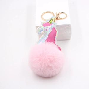 Pink laser leather unicorn plush keychain with golden lobster clasp on a white background
