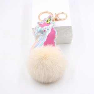 Laser leather unicorn plush keychain with fluffy faux fur ball and gold metal clasp