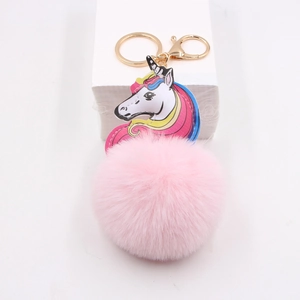 Pink plush unicorn keychain with colorful horsehair and golden lobster clasp