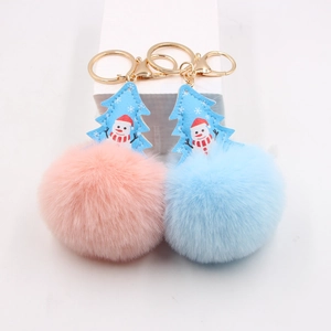 Christmas Plush Pompom Keychain Alloy Artificial Fur Snowman Christmas Tree Pendant Bag Charm For Car Key Ornament Gift