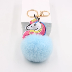 Colorful plush unicorn pompom keychain with golden metal ring for backpacks and car keys