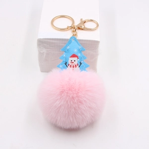 Christmas snowman leather pendant with pink fluffy pom pom and gold key ring ornament