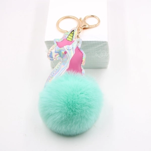 Laser leather unicorn plush keychain with mint green pompom and golden lobster clasp