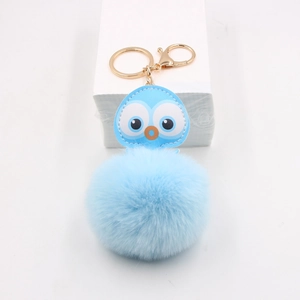 Cute sky blue faux fur pompom owl keychain with golden metal ring and lobster clasp
