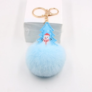 Christmas plush pompom keychain with light blue tree pendant and golden lobster clasp
