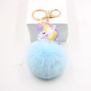 Süßer hellblauer Einhorn Pelzball Schlüsselanhänger mit Goldkarabiner für Taschen