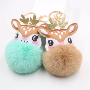 Cute Cartoon Reindeer Plush Fur Ball Keychain Alloy PU Leather Deer Bag Charm Christmas Gift For Women Girls Keychain