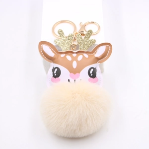 Cute reindeer plush keychain with gold lobster clasp and faux leather deer face charm