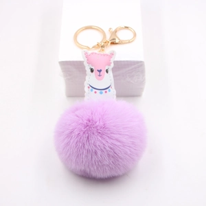 Porte-clés alpaga mignon avec pompon violet et fermoir mousqueton doré pour sac