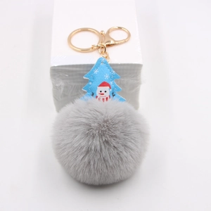 Christmas plush ball keychain with blue faux leather tree and fluffy grey fur pom pom