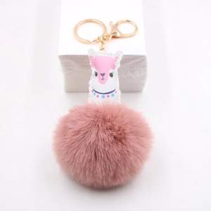 Porte-clés mignon boule peluche rose avec breloque alpaga blanc et anneau doré