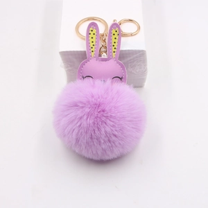 Cute purple bunny fur ball keychain with leather rabbit head and golden metal lobster clasp