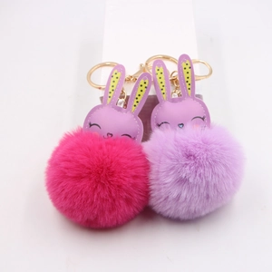 Cute Bunny Faux Fur Ball Keychain For Women Bag Pendant Cartoon Rabbit Ear Plush Ball Keyring Alloy Artificial Leather