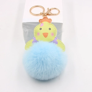 Porte-clés poussin bleu en peluche avec fermoir mousqueton doré et pompon tout doux