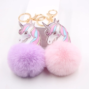 Unicorn Pompom Keychain Faux Fur Ball Bag Pendant Alloy Lobster Clasp Cartoon Animal Key Ring For Women Girls Gift