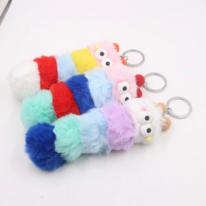 Colorful handmade plush caterpillar keychains with vibrant fuzzy pom-poms and cartoon eyes