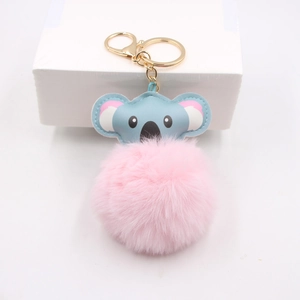 Cute koala plush keychain with pink pompom and gold metal ring for bags and keys