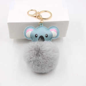 Cute koala plush keychain with grey faux fur pompom and gold metal lobster clasp