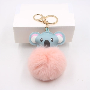 Cute Australian koala plush keychain with pink faux fur ball and gold metal ring for bags