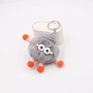 Détail du porte-clés monstre en peluche grise avec chapeau violet et jambes roses