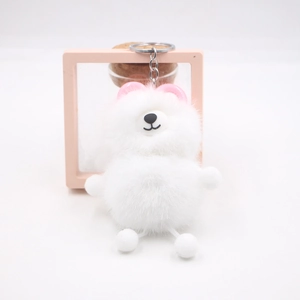Cute white plush bear keychain with pink ears and silver metal ring for backpacks