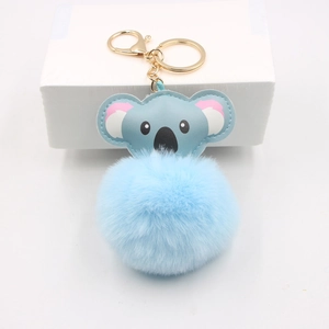 Cute Cartoon Koala Leather Plush Pom Pom Keychain For Women Girls Bag Charm Pendant Faux Fur Ball Key Ring Accessories Gift