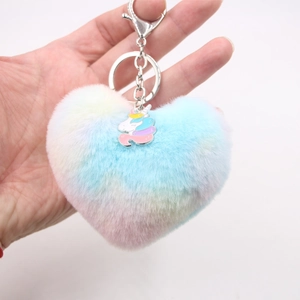 Portachiavi in Peluche a Cuore Arcobaleno Con Ciondolo Unicorno in Lega Pompon in Pelliccia Sintetica Pendente per Borsa Donna Ragazza