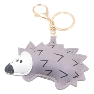 Cartoon hedgehog keychain made of purple PU leather with golden metal ring and clasp