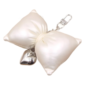 Elegant satin bow keychain with heart pendant and silver clasp for bags or keys