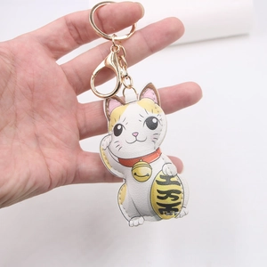 Cartoon Maneki Neko lucky cat leather keychain with golden lucky coin and metal clasp