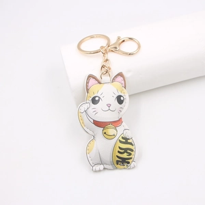 Cartoon Lucky Cat PU Leather Keychain Maneki Neko Bag Pendant With Gold Lobster Clasp Japanese Style Keyring For Women Men