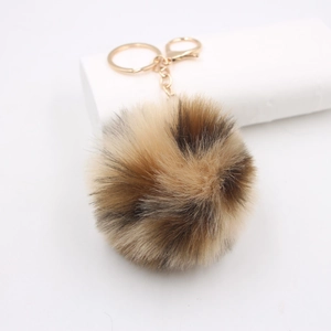 Leopard print faux fur pom pom keychain with golden lobster clasp for women's handbag