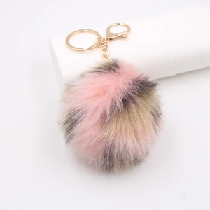 Three-color faux fur leopard print keychain with pink, beige, grey pompon and gold ring
