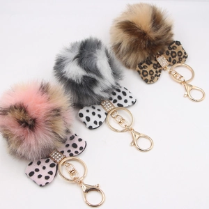 Leopard Print Bow knot Fur Ball Keychain Gold Alloy Rhinestone Bag Pendant Charm Women Sweet Fashion Accessories