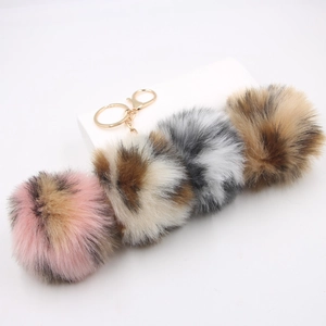 Leopard Print Faux Fur Ball Keychain Gold Metal Ring Lobster Clasp Fluffy Bag Pendant Charm For Women Bag Decoration