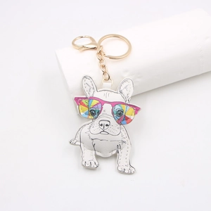 Cute leather French Bulldog keychain with colorful sunglasses for bags and car keys