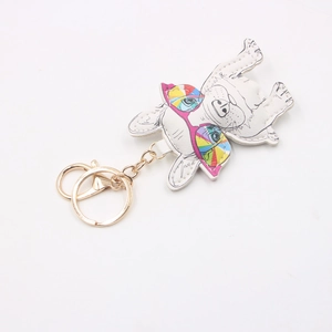 Cute bulldog leather keychain with rainbow sunglasses and golden metal clasp for bags