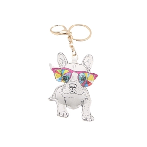 Cute leather French Bulldog keychain featuring colorful sunglasses and gold metal clip