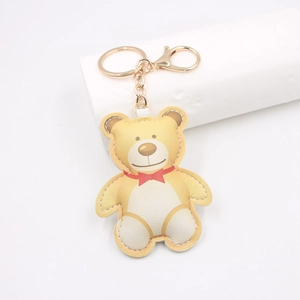 Cute Cartoon Bear Keychain PU Leather Bag Charm For Students Schoolbag Accessory Gold Metal Key Ring Gift
