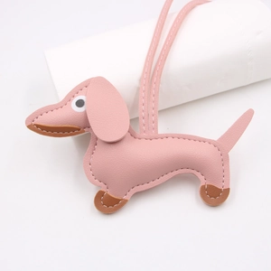 Pink faux leather dachshund keychain pendant with exquisite stitching and long lanyard