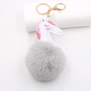 Unicorn faux fur pompom keychain with grey plush ball and gold lobster clasp