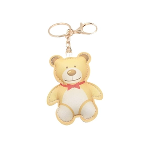 Cute cartoon brown PU leather bear keychain with red bow and golden metal ring