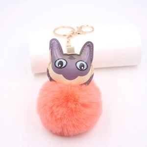 Dettaglio portachiavi pompon in pelliccia rosa pesca con testa di gatto e gancio d'oro