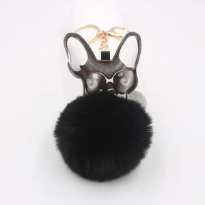 Porte-clés à la Mode Bouledogue Français Pompon en Fausse Fourrure Chien avec Lunettes de Soleil Pendentif de Sac en Similicuir Femme