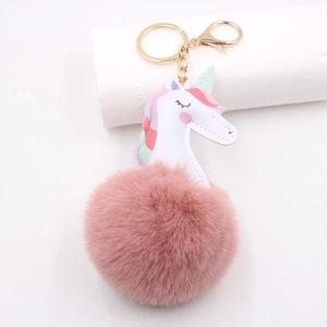 Cartoon Unicorn Faux Fur Pom Pom Keychain Faux Leather Rainbow Mane Bag Charm Gold Lobster Clasp Pendant Gift For Women